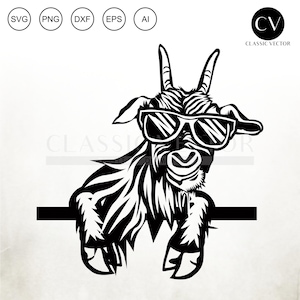 May include: Black and white illustration of a goat wearing sunglasses and peeking over a horizontal bar. The goat has a long beard and is looking directly at the viewer.