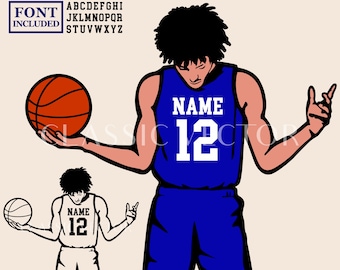 May include: A digital illustration of a basketball player dribbling a basketball. The player is wearing a blue jersey with the word "NAME" and the number "12" in white. The player has brown skin and black curly hair.