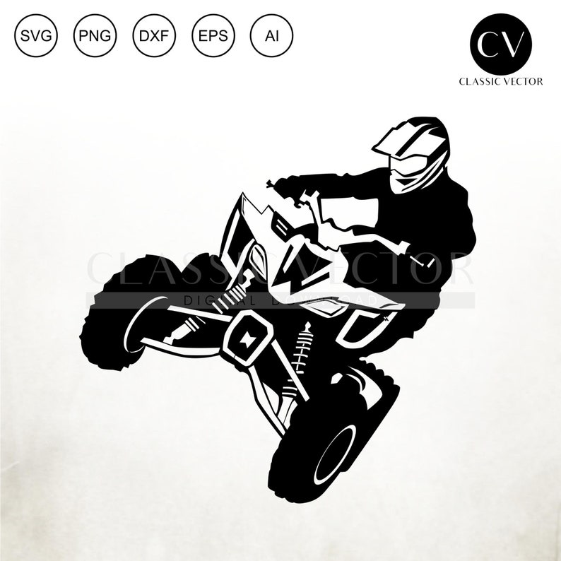 May include: Black and white silhouette of a person riding an ATV. The ATV is in mid-air with the front tire off the ground. The person is wearing a helmet and goggles.