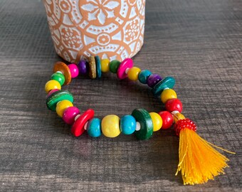 Fiesta Stretch Bracelet, party bracelet, beaded bracelet, siesta bracelet, carneval bracelet, tassel bracelet, handmade bracelet, rainbow br