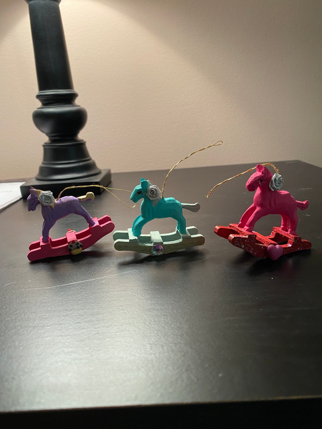 Vintage Wooden Rocking Horse Ornaments, Ornament Set, Kids Tree Ornaments, Hand Painted