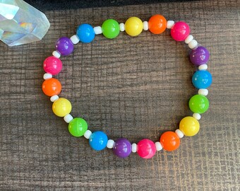 Bright Rainbow Stretch Bracelet, kawaii bracelet, kitschy bracelet, upcycled bracelet, promise bracelet, Gods promise, colorful bracelet