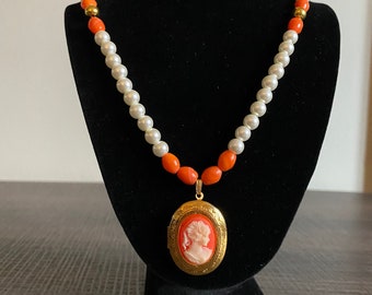 Orange Cameo Locket Necklace, upcycled necklace, cameo necklace, upcycled locket, ooak necklace, vintage necklace, orange lovers