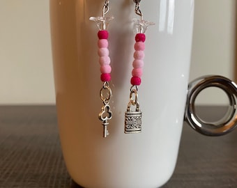 Key To My Heart Earrings, valentines earrings, valentines day, pink earrings, mismatched earrings, handmade earrings, drop earrings,