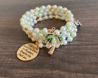 Beach Queen Memory Wire Bracelet, tropical bracelet, beaded bracelet, beachy bracelet, charm bracelet, seahorse charm, palm tree charm,