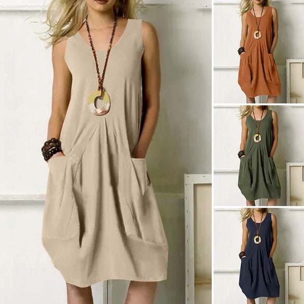 Casual Summer Dress for Women,Round Neck Sleeveless Knee-Length Tank Dress Plus Size Loose Solid A-Line Dress 