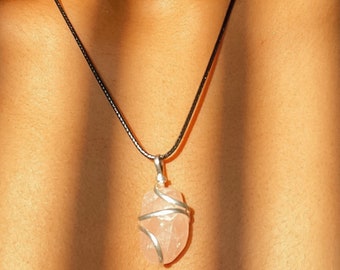 Tumbled Rose Quartz Wire Wrapped Pendant Necklace, Ethically Sourced Black Owned Quartz Healing Crystal Gemstone Gift for Love Romance