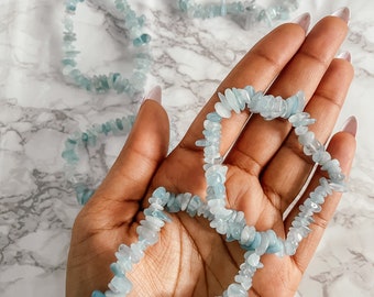 Aquamarine Chips Bracelet, Ethically Sourced Aquamarine Healing Crystal Gemstone Calming Meditation Elastic Bracelet Black Owned