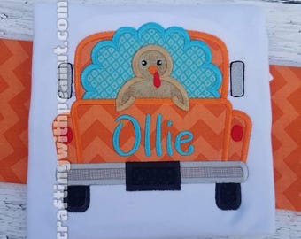 Turkey in Truck Boys Thanksgiving Shirt: Embroidered Fall Tee