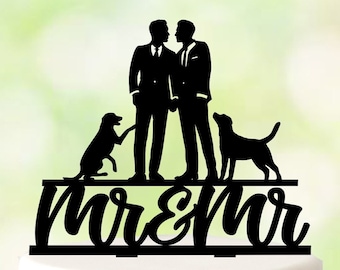 Two grooms cake topper with dogs,Same sex topper, Gay Cake Topper, Cake Topper For Mans Wedding,Gays cake topper with dog,Two man topper