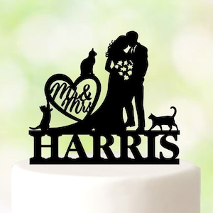 Wedding Cake topper with 3 cats, Cat Included Silhouete, Cat Cake topper, Couple Wedding Cake Topper with cat, Cat Wedding Cake Topper 5137
