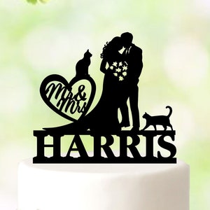 Bride and Groom Wedding Cake topper with two cats, Cat silhouette Cake topper, Cat Wedding Cake Topper, Wedding Topper Cat, Cat Topper 5135