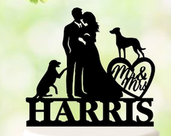Wedding With Dogs Cake Topper, Bridal Couple cake topper, Mr and Mrs cake topper with 2 dogs, Dog wedding cake topper, Two Dogs Topper 5272