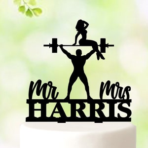 Fitness Gym Wedding Cake Toppers, Mr and Mrs Cake Topper, sport themed cake topper, Workout Cake Topper, Bodybuilder Couple Wedding 5471