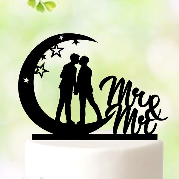 Gay Wedding Under The Moon Cake Topper, crescent cake topper, Wedding Cake Topper Gay Couple, gay cake topper, Crescent Moon Wedding 5533