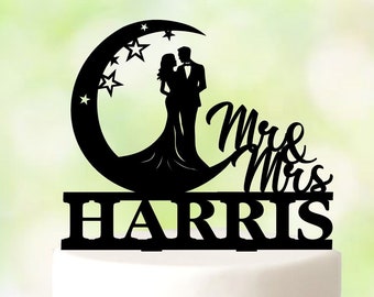 Mr and Mrs Moon Wedding Cake Topper, couple wedding cake topper, Bride And Groom On The Moon Cake Topper, rustic couple cake topper 5536