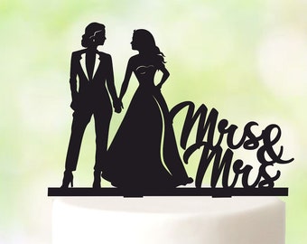 Lesbian Wedding Cake Topper In Dress And Suit, Mrs and Mrs personalized wedding cake topper, Same Sex Wedding, bride and bride cake topper