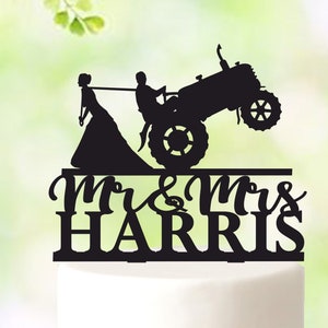 Tractor Wedding Cake Topper, bride pulling groom, Mr and Mrs Cake Topper, farmer wedding cake topper, Rustic Cake Topper, tractor groom 5483