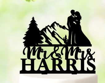 Mountains Wedding Cake Topper, Mr and Mrs cake topper, Outdoor Wedding Cake Topper, hiking wedding cake topper, Nature Wedding Topper 5491