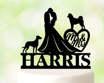 Mr and Mrs Couple Cake Topper With Two Dogs, Dog Cake Topper, 2 Dogs Topper, Mr & Mrs Cake Topper, Personalized Wedding Silhouettes Topper