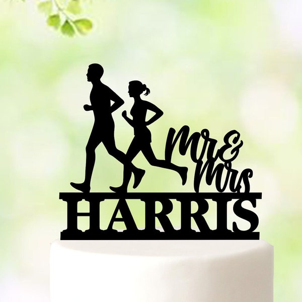 Runners Wedding Cake topper, Last Name Cake topper, Running Lover Cake Topper, Athlete Wedding Topper, Athlete Mr & Mrs Cake Topper 5209