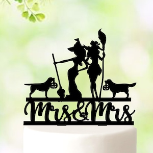 Lesbian Wedding Cake Topper With Dogs, halloween lesbian cake topper, Mrs and Mrs cake topper with dogs, LGBT Halloween Topper  5465