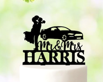 Car And Couple Wedding Cake Topper, mr and mrs wedding cake topper with car, Custom Sports Car Cake Topper, automotive bride & groom topper