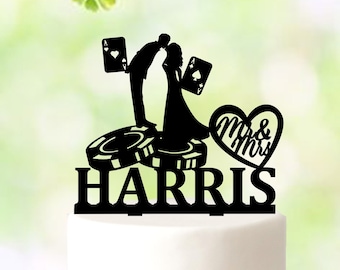 Adorno para pastel de bodas con temática de casino y cartas de póker, adorno personalizado para pastel de bodas con temática de casino y póker para novios.