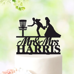 Frisbee Golf Wedding Cake Topper, disc golf personalized cake topper for wedding, Bride and Groom Disc Sport Themed, disk golf and target