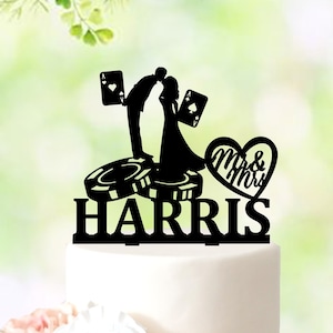 Topper de gâteau de mariage de cartes de casino de poker, décoration de gâteau de jeu personnalisée de jeunes mariés pour le mariage, fête de mariage sur le thème de casino de poker