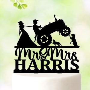 Country Tractor Wedding Cake Topper with bride pulling Groom Topper, Mr and Mrs Farmers, tractor wedding themed, Funny Wedding Topper 5484
