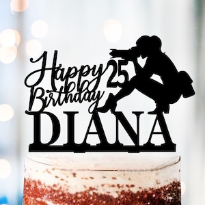 Name & Age Female Photographer Happy Birthday Cake Topper: Girl with Camera Silhouette