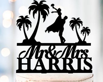 Custom palm tree topper, Beach wedding cake topper, Bride and Groom Hawaii Cake Topper, Tropical wedding cake decorations, Mr and Mrs Topper