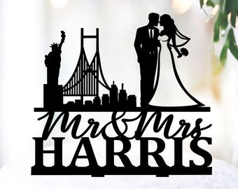 Adorno para tarta de boda de Nueva York, Estatua de la Libertad para novios, decoraciones de boda acrílicas con apellido