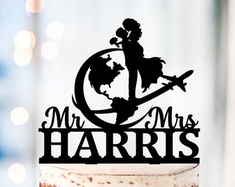 Travel Wedding Cake Topper, Travelling Bride and Groom Cake Topper, Travel themed wedding topper, Airplane and couple wedding topper