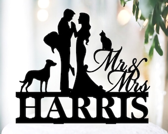 Guitarist Wedding Cake Topper with Dog Cat - Bride and Groom Guitar Player Silhouette + Pet