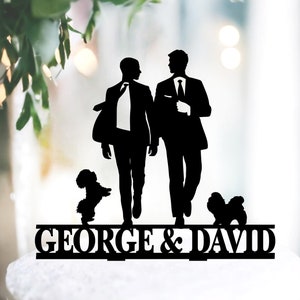 Gay Cake Topper, Gay Wedding Cake Topper + Dogs, Two grooms topper with Dogs, Same Sex Wedding Cake Topper, Homosexual Male cake topper Name