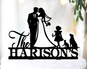 Family Anniversary Topper with kid,Family wedding silhouette cake topper, Dog Cat Kids Couple silhouettes topper, Pair Child & Cats and Dogs