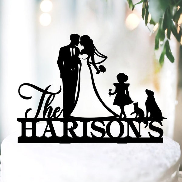 Family Anniversary Topper with kid,Family wedding silhouette cake topper, Dog Cat Kids Couple silhouettes topper, Pair Child & Cats and Dogs