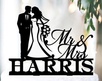 Bruidstaarttopper, gepersonaliseerde topper, unieke taarttopper voor bruiloft, silhouet bruidstaartdecoratie, MR en MRS acryl taarttopper