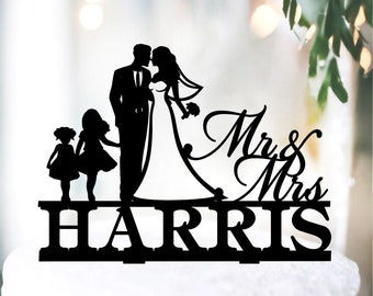 Family wedding cake topper with kids, Mr and Mrs with children cake topper, Childs Cake Topper For Wedding, Personalized family topper girls