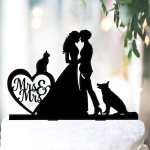 Mrs and Mrs Cake Topper With Cat and Dog,Lesbian cake topper,Cat dog lesbian topper, LGBT Cake Topper,Lesbian in suit topper with heart