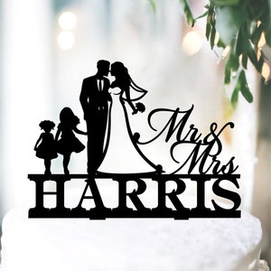 Family wedding cake topper with kids, Mr and Mrs with children cake topper, Childs Cake Topper For Wedding, Personalized family topper girls
