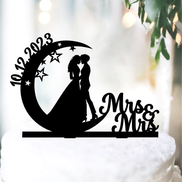 Moon Lesbian Cake Topper With Date, Lesbian Wedding Cake Topper, Two brides topper with moon and star, Mrs and Mrs Cake Topper with Lesbians