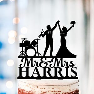 Drummer wedding cake topper, Rockstar drum cake topper, Drum set Cake Topper with Bride and Groom, Rock n Roll Drummer and Bride Cake Topper