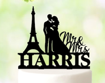 Paris Wedding Cake Topper, Eiffel Tower cake topper, Mr and Mrs Cake Topper, french wedding cake topper, Travel Couple Cake Topper 5529