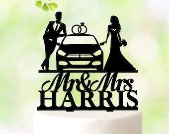 Car Wedding Cake Topper, bride and groom wedding cake topper with car, Auto Mechanic Wedding Cake Topper With Rings, Named Wedding Topper