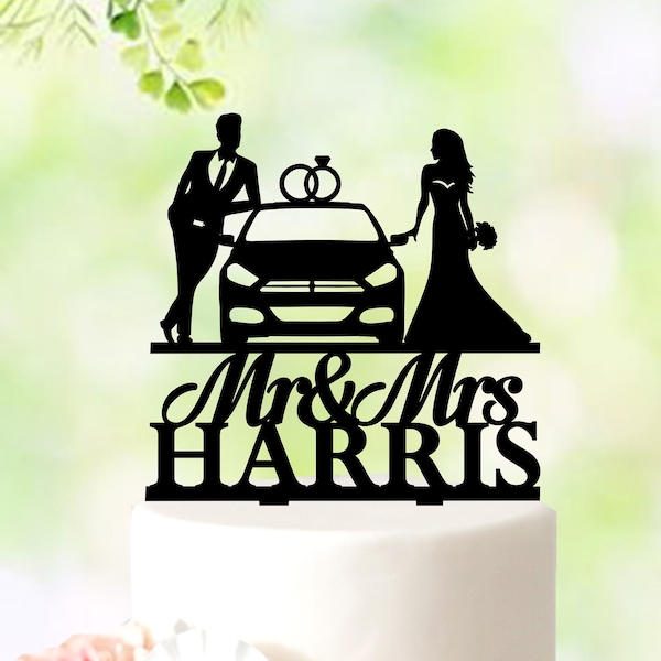 Car Wedding Cake Topper, bride and groom wedding cake topper with car, Auto Mechanic Wedding Cake Topper With Rings, Named Wedding Topper