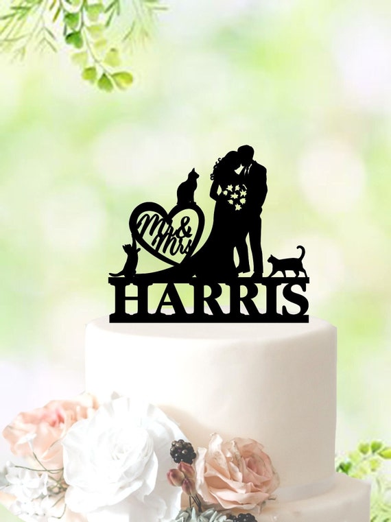 Wedding Cake topper with 3 cats, Cat Included Silhouete, Cat Cake topper, Couple Wedding Cake Topper with cat, Cat Wedding Cake Topper 5137
