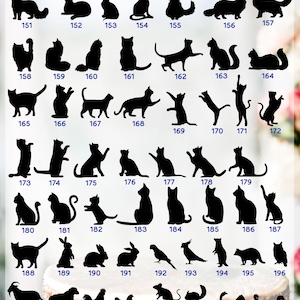 May include: A black and white image of 27 different cat and pet silhouettes. The silhouettes are numbered 151 through 207. The image is titled "CATS and PETS".